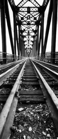 a black and white image of a train bridge