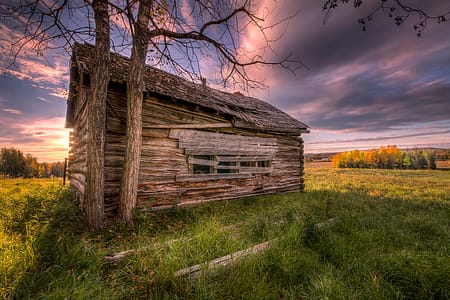 an old barn at sunrise in a large green field with trees in the background