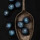 a still life of a spoon full of blueberries on a black background
