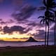 a sunrise looking over an island in Hawaii in the ocean with palm trees in the foreground